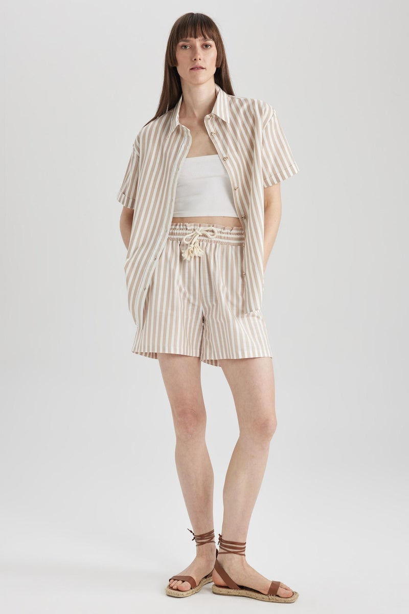 DeFacto Beige Woman High Waist Wide Leg Linen Look Striped Shorts Casual - Image 4